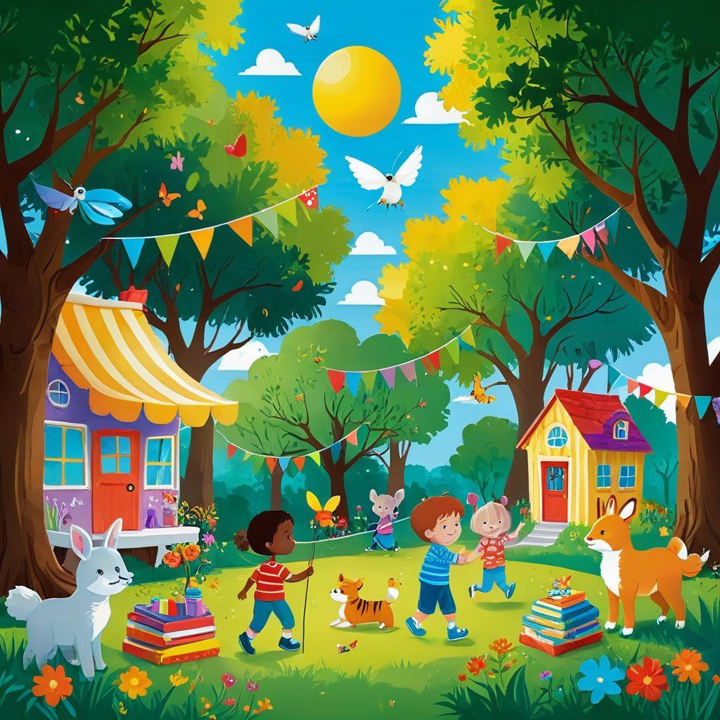 A whimsical scene depicting children engaged in various creative activities, such as crafting and playing games, surrounded by colorful art supplies, playful toys, and nature. The kids are smiling and interacting with each other, showcasing a sense of joy and imagination. Brightly colored banners with 'Creative Play Ideas' float above them, capturing the essence of fun and creativity. The background features a sunny park setting with trees and playful animals. vibrant colors. playful illustration style.