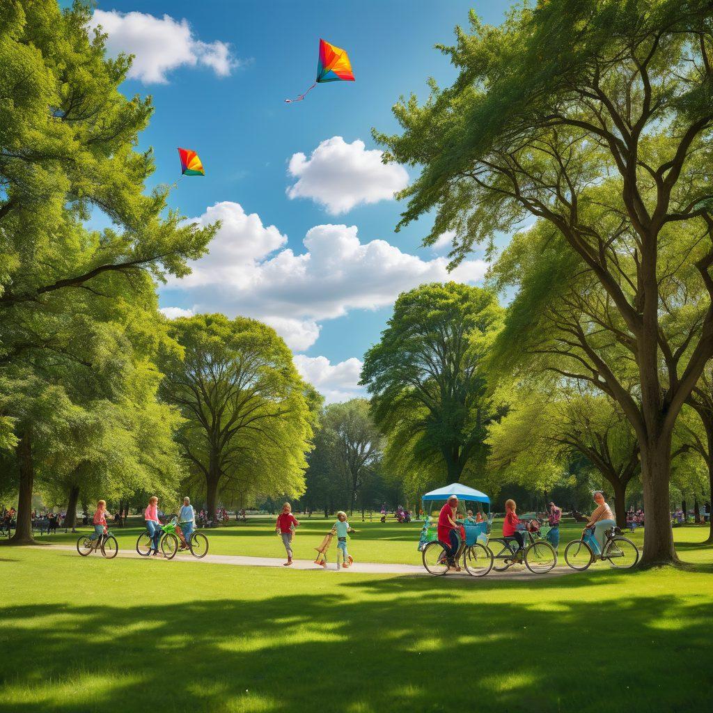 A cheerful family engaging in various outdoor activities like playing frisbee, flying kites, and riding bicycles in a lush green park. The sky is bright blue with fluffy clouds, and there are trees and picnic setups in the background to evoke a sense of togetherness and joy. Children are laughing and parents are smiling, exemplifying the joy of play and learning. vibrant colors. super-realistic. sunny day.